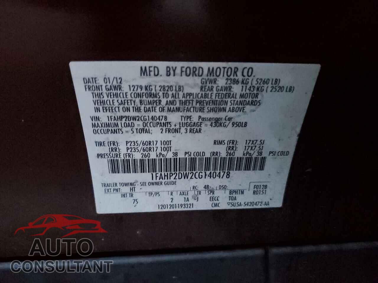 FORD TAURUS 2012 - 1FAHP2DW2CG140478