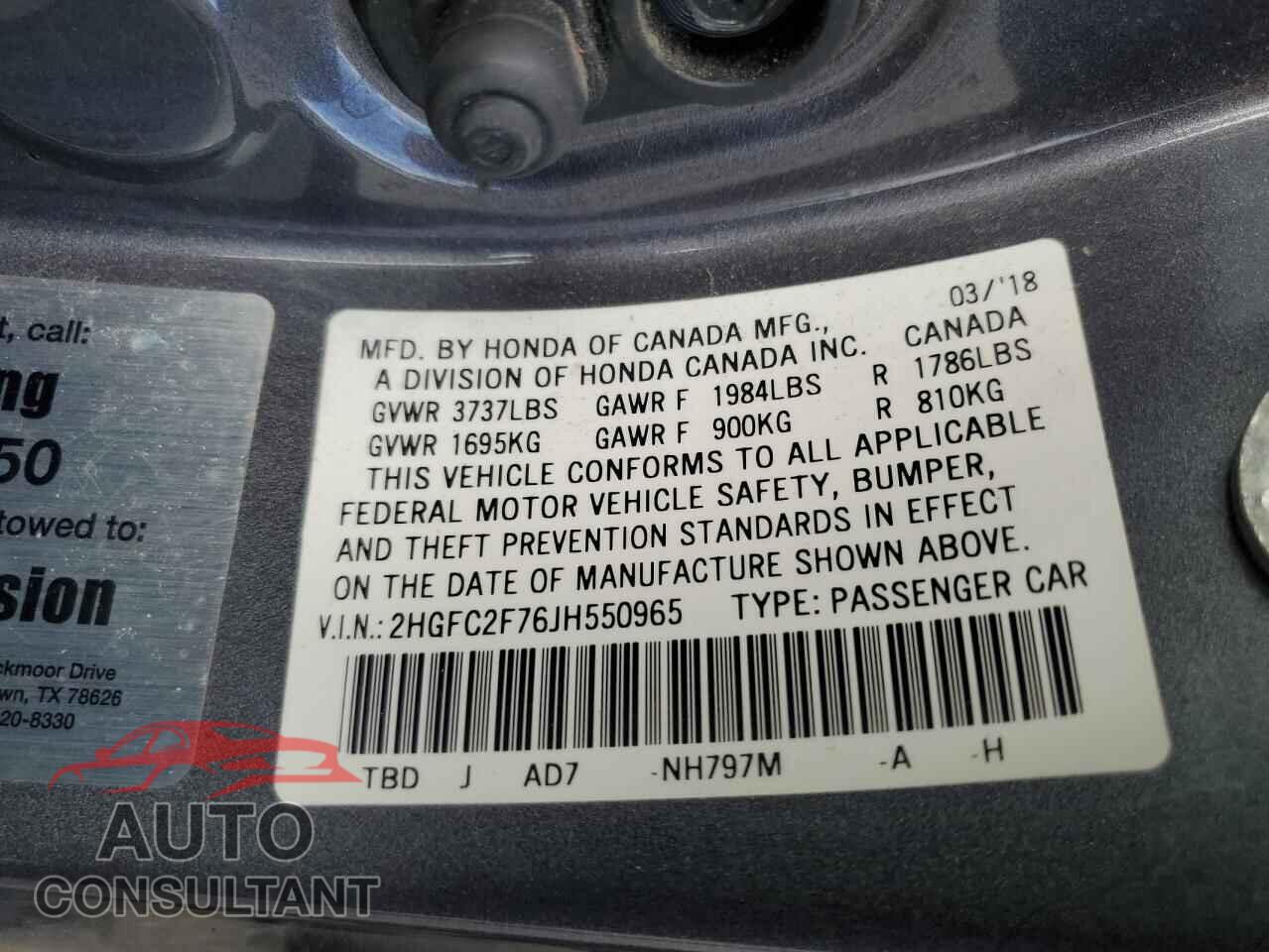 HONDA CIVIC 2018 - 2HGFC2F76JH550965