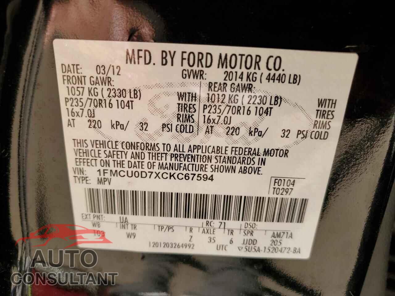 FORD ESCAPE 2012 - 1FMCU0D7XCKC67594