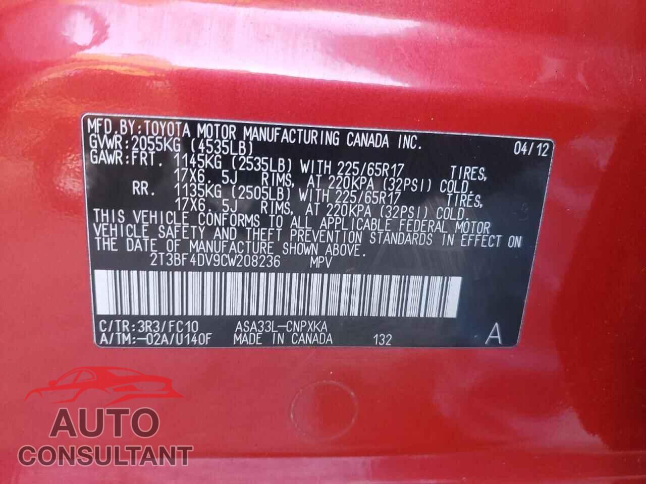 TOYOTA RAV4 2012 - 2T3BF4DV9CW208236