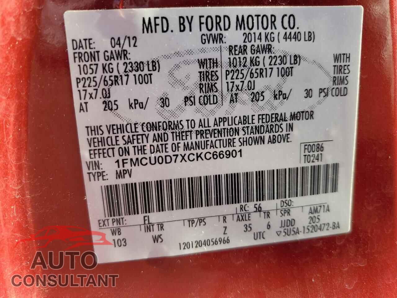 FORD ESCAPE 2012 - 1FMCU0D7XCKC66901