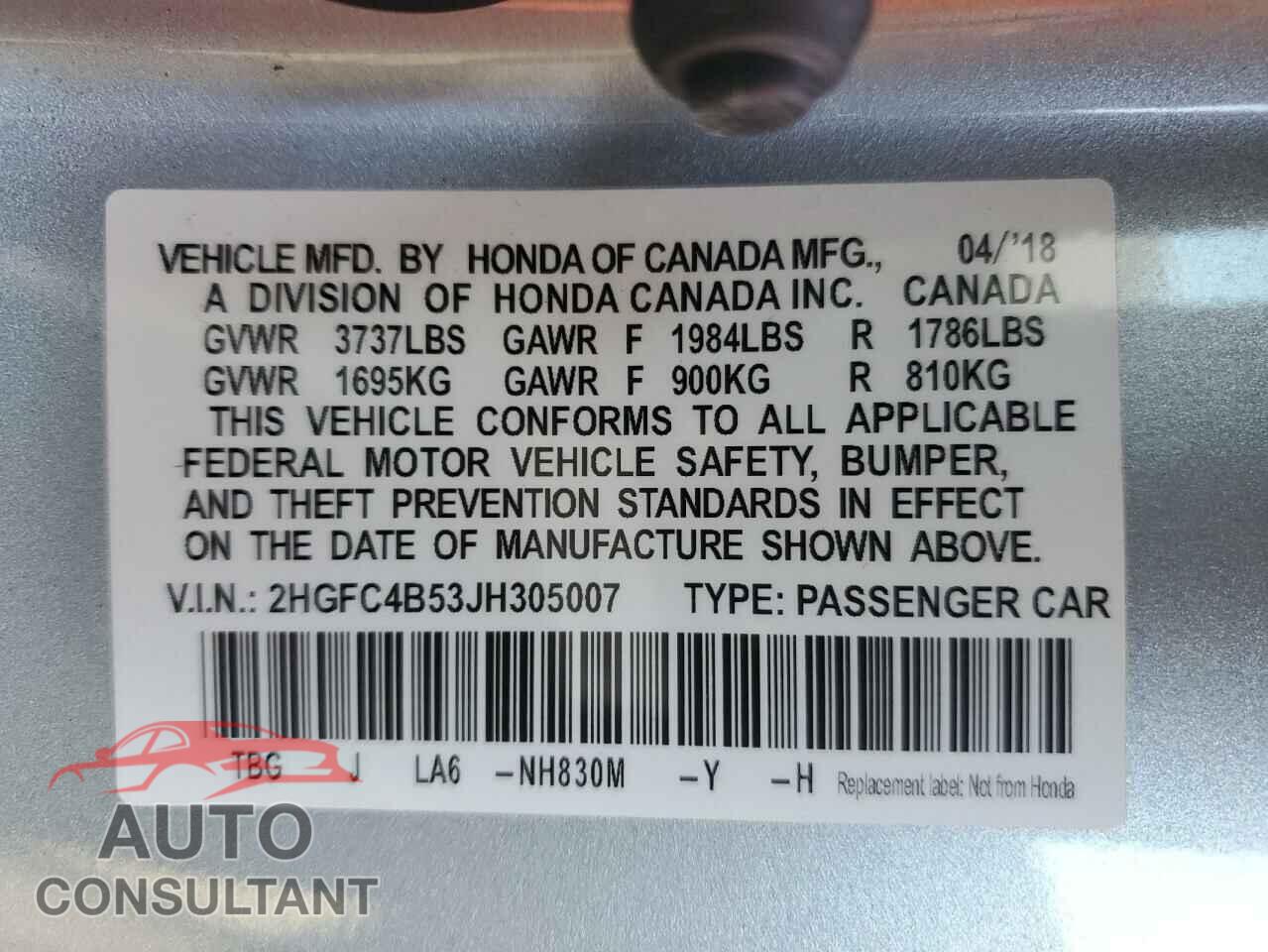 HONDA CIVIC 2018 - 2HGFC4B53JH305007