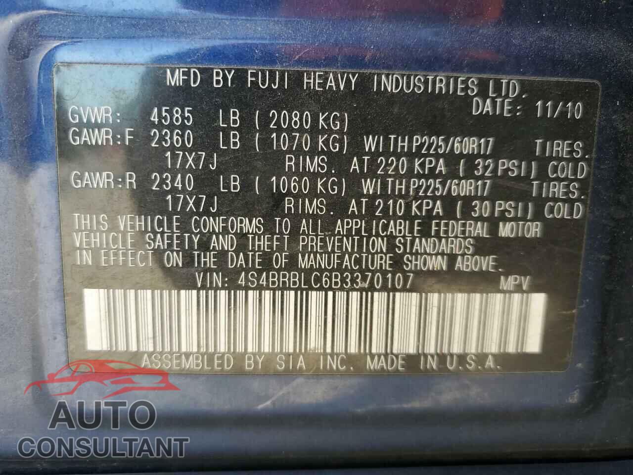 SUBARU OUTBACK 2011 - 4S4BRBLC6B3370107