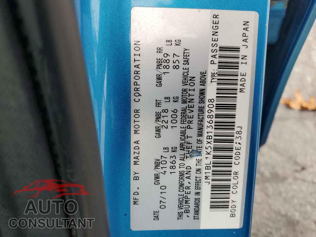 MAZDA MAZDA3 2011 - JM1BL1K5XB1368908