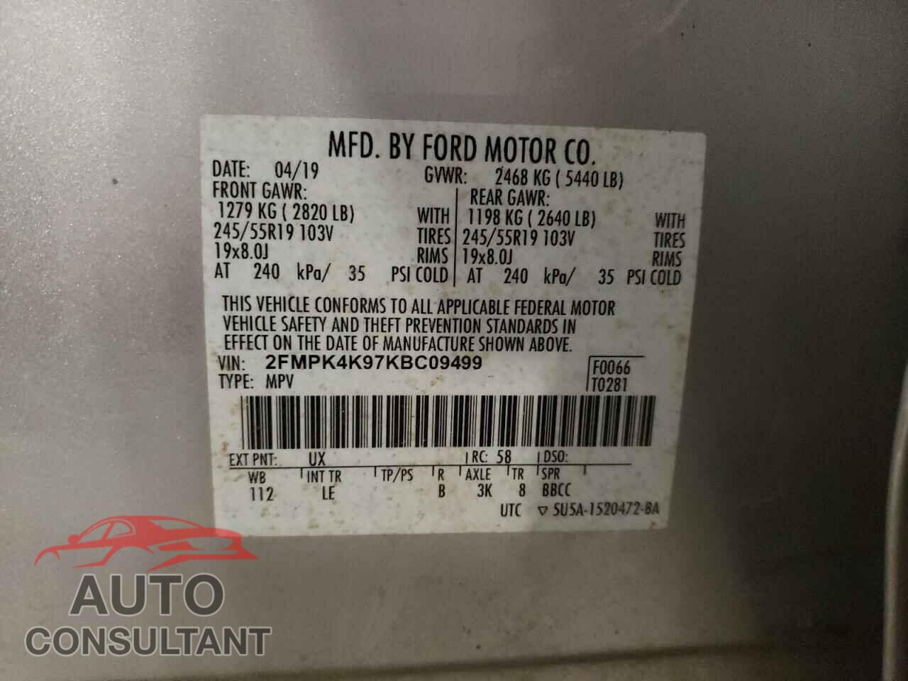FORD EDGE 2019 - 2FMPK4K97KBC09499