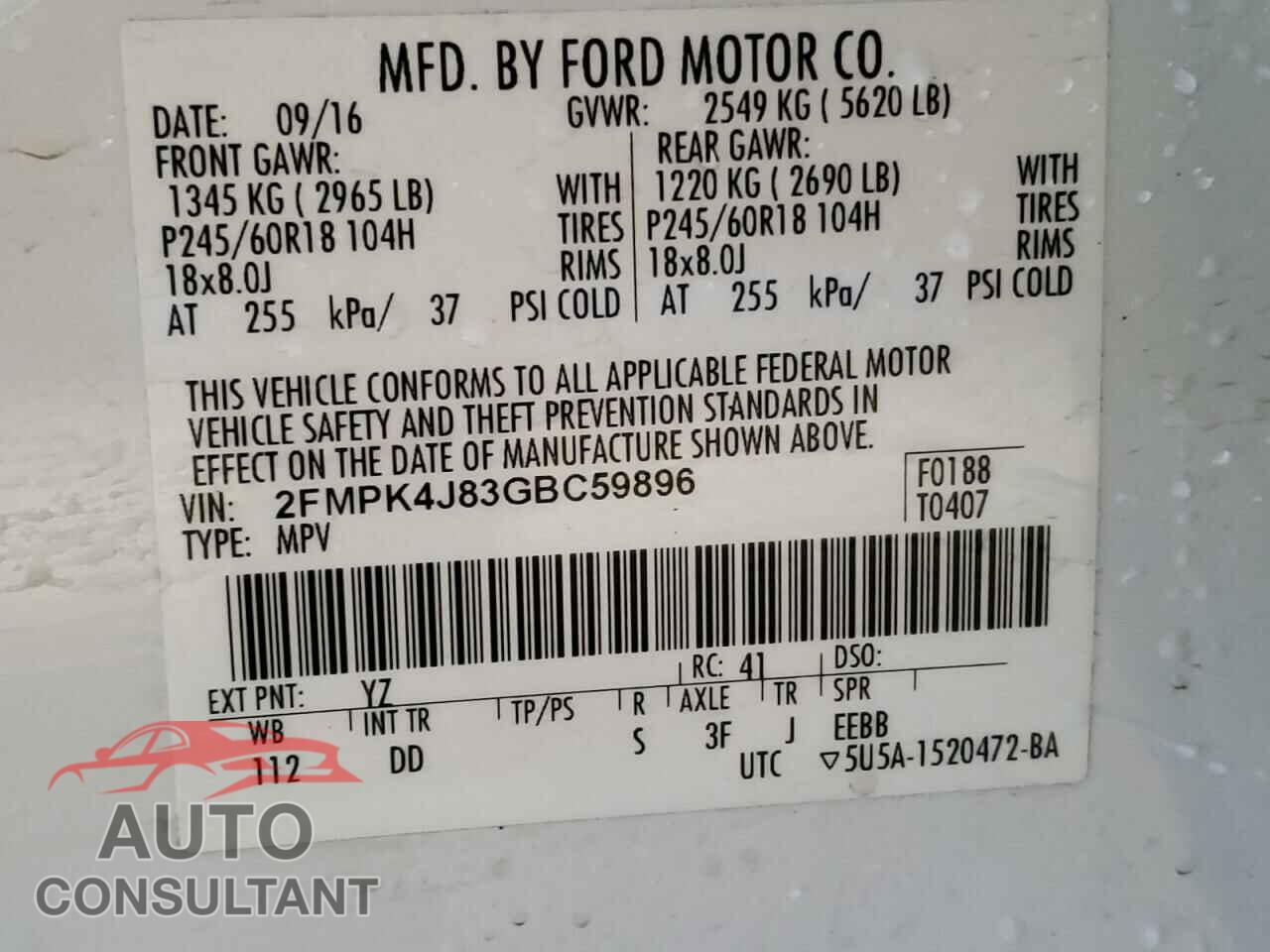 FORD EDGE 2016 - 2FMPK4J83GBC59896