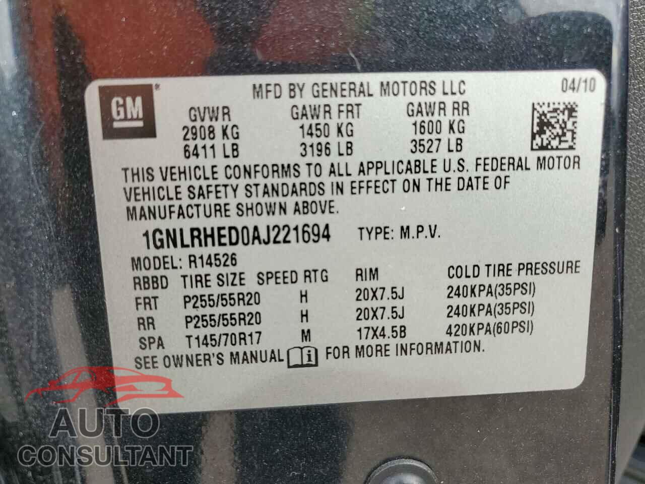 CHEVROLET TRAVERSE 2010 - 1GNLRHED0AJ221694