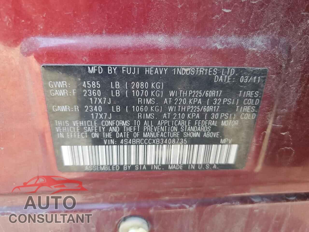 SUBARU OUTBACK 2011 - 4S4BRCCCXB3408735