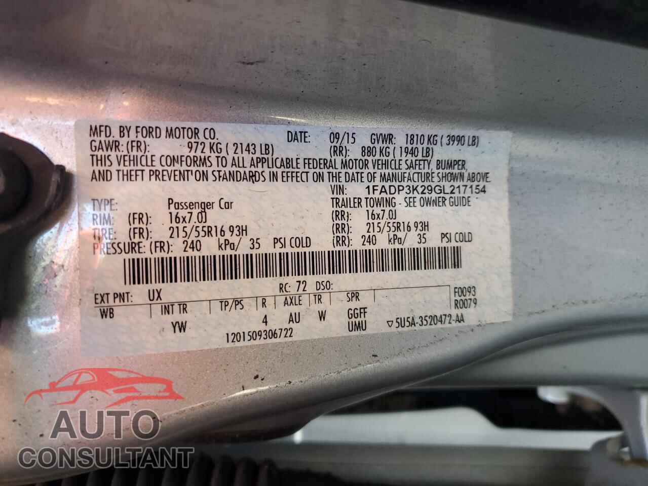 FORD FOCUS 2016 - 1FADP3K29GL217154