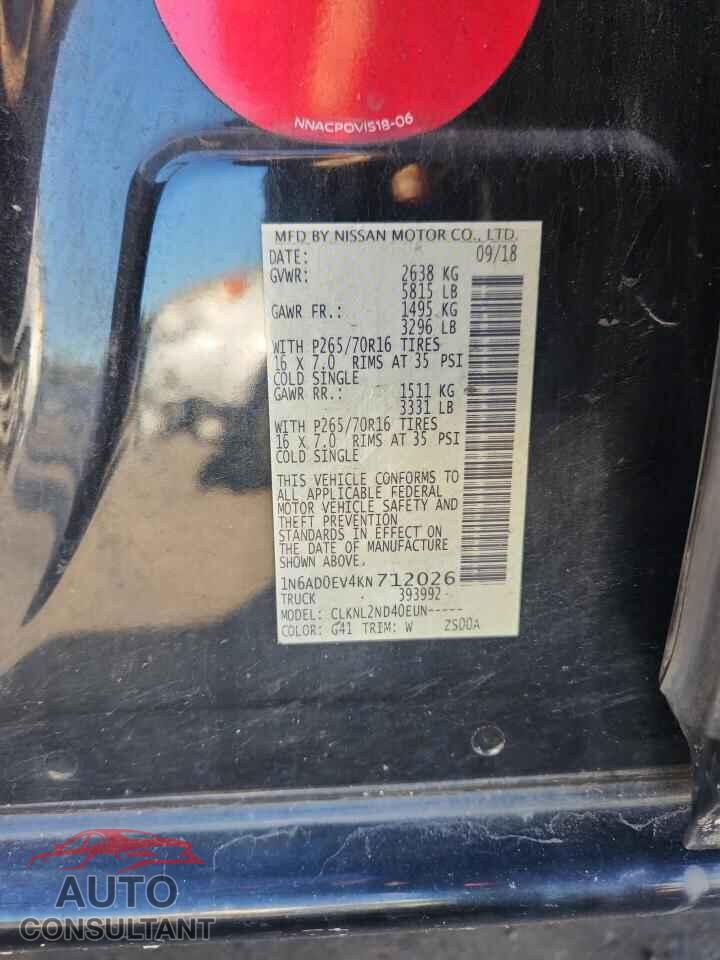 NISSAN FRONTIER 2019 - 1N6AD0EV4KN712026
