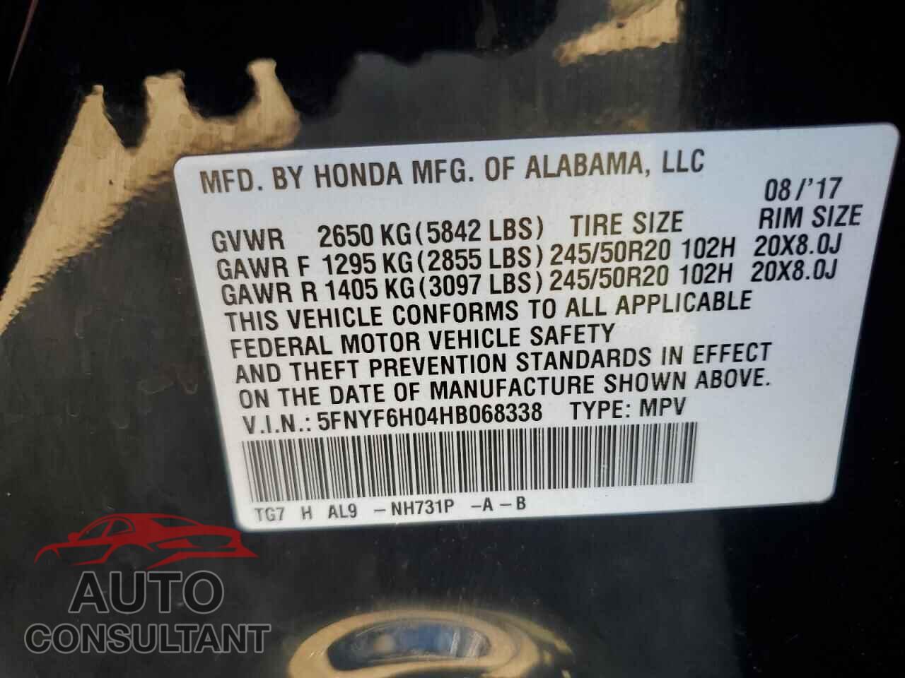 HONDA PILOT 2017 - 5FNYF6H04HB068338