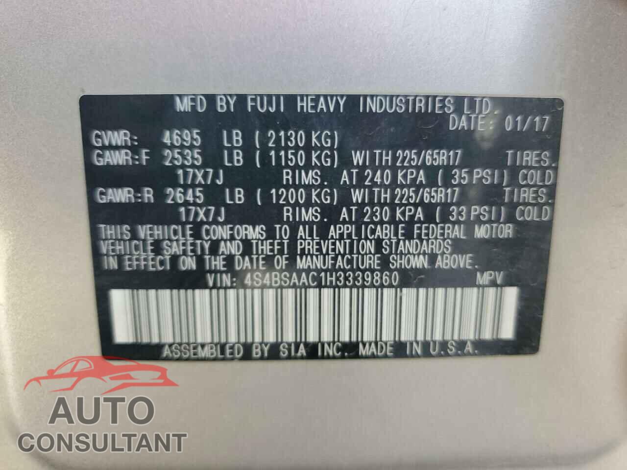 SUBARU OUTBACK 2017 - 4S4BSAAC1H3339860
