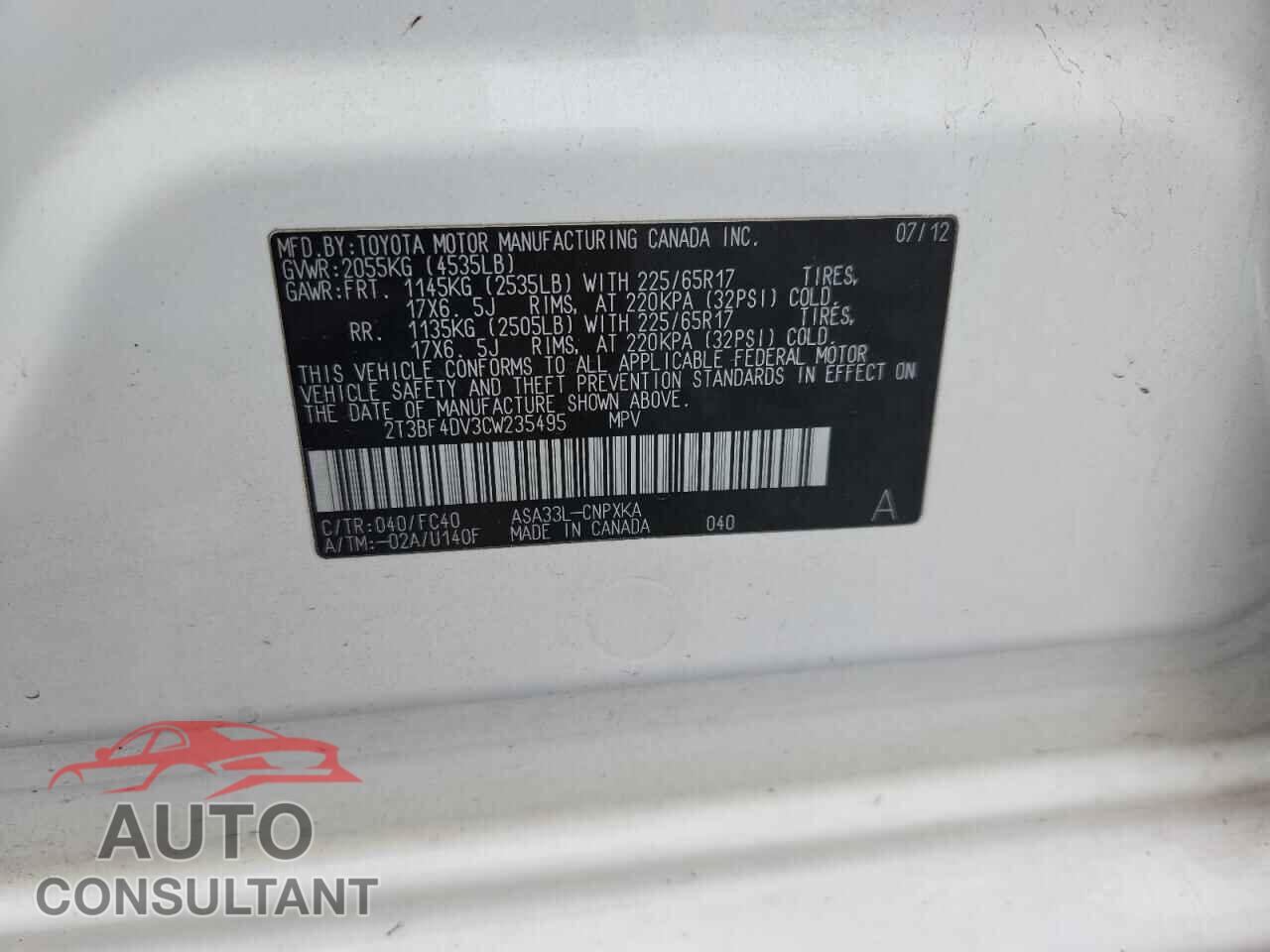 TOYOTA RAV4 2012 - 2T3BF4DV3CW235495