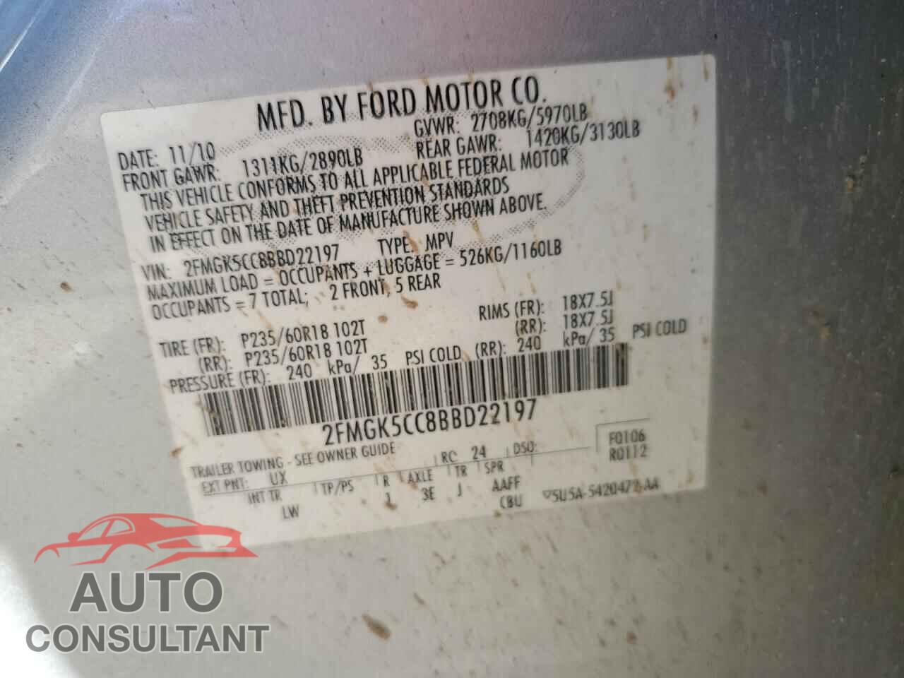 FORD FLEX 2011 - 2FMGK5CC8BBD22197