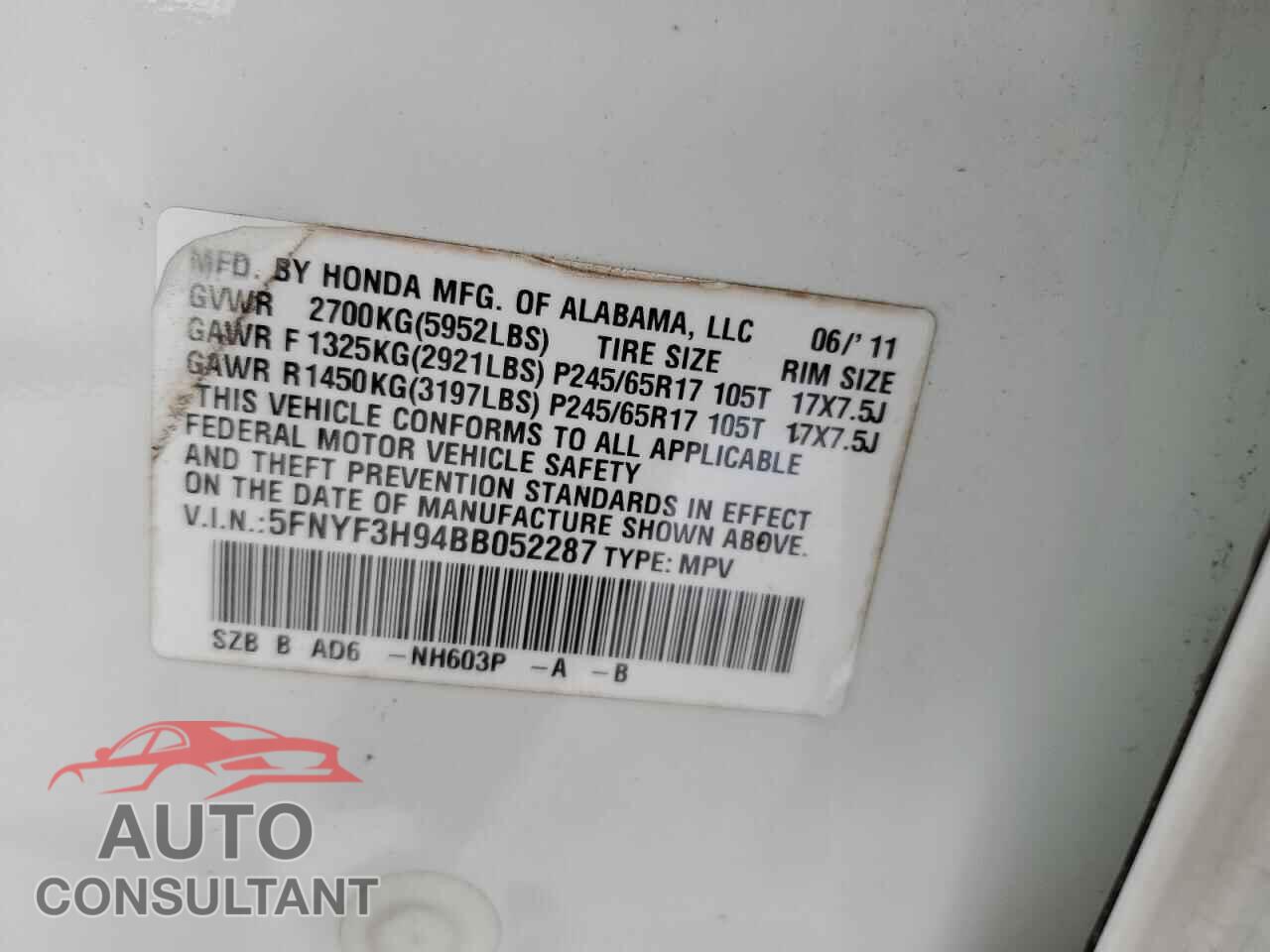 HONDA PILOT 2011 - 5FNYF3H94BB052287