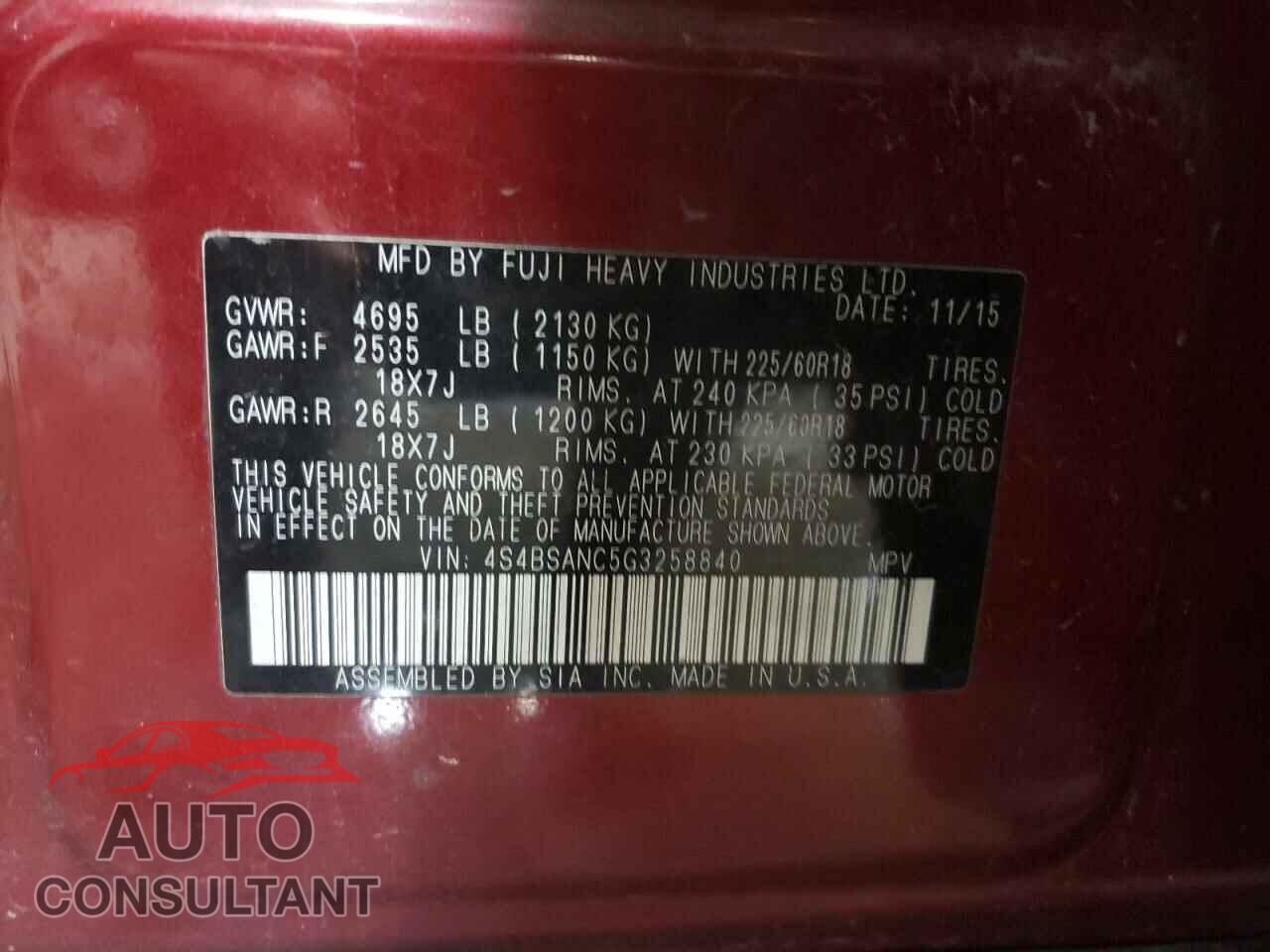 SUBARU OUTBACK 2016 - 4S4BSANC5G3258840