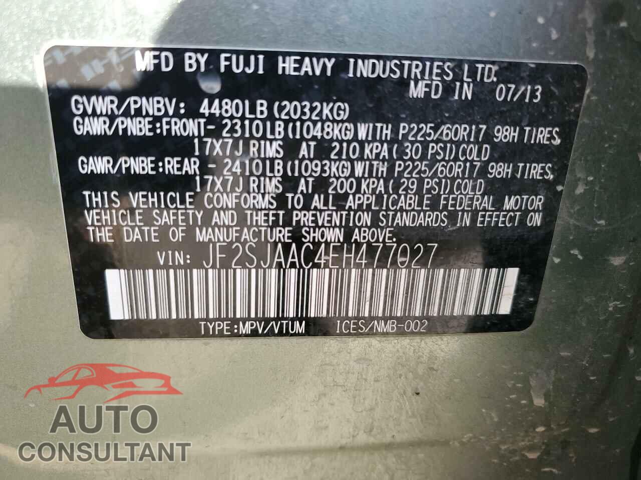 SUBARU FORESTER 2014 - JF2SJAAC4EH477027