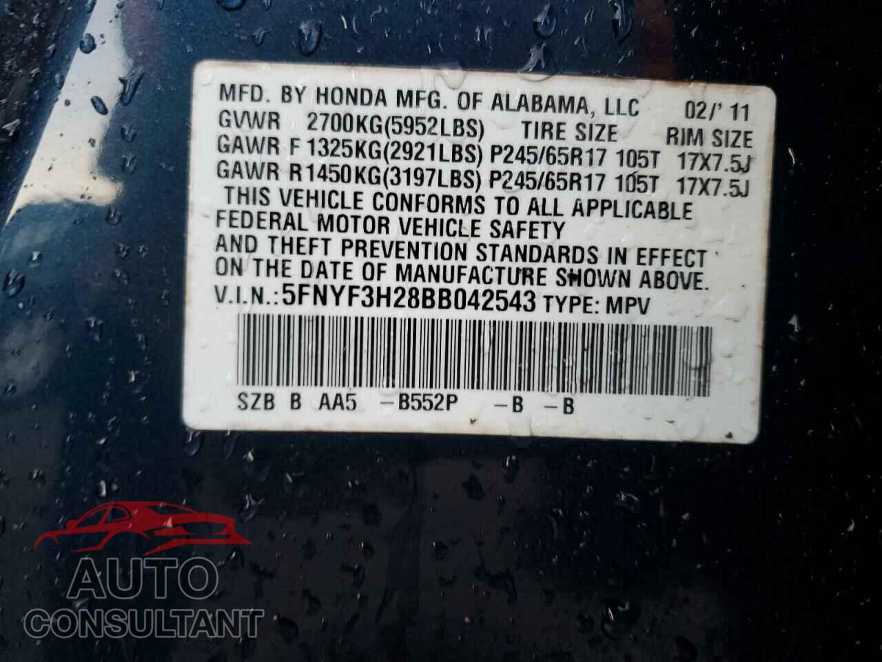 HONDA PILOT 2011 - 5FNYF3H28BB042543