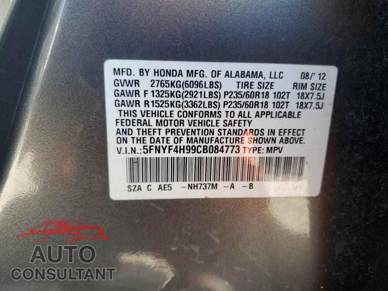 HONDA PILOT 2012 - 5FNYF4H99CB084773