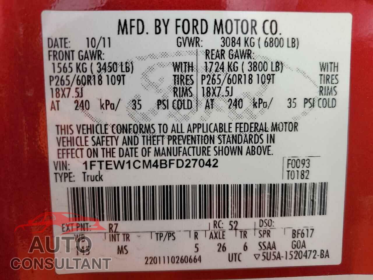 FORD F-150 2011 - 1FTEW1CM4BFD27042