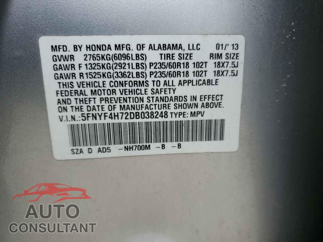 HONDA PILOT 2013 - 5FNYF4H72DB038248