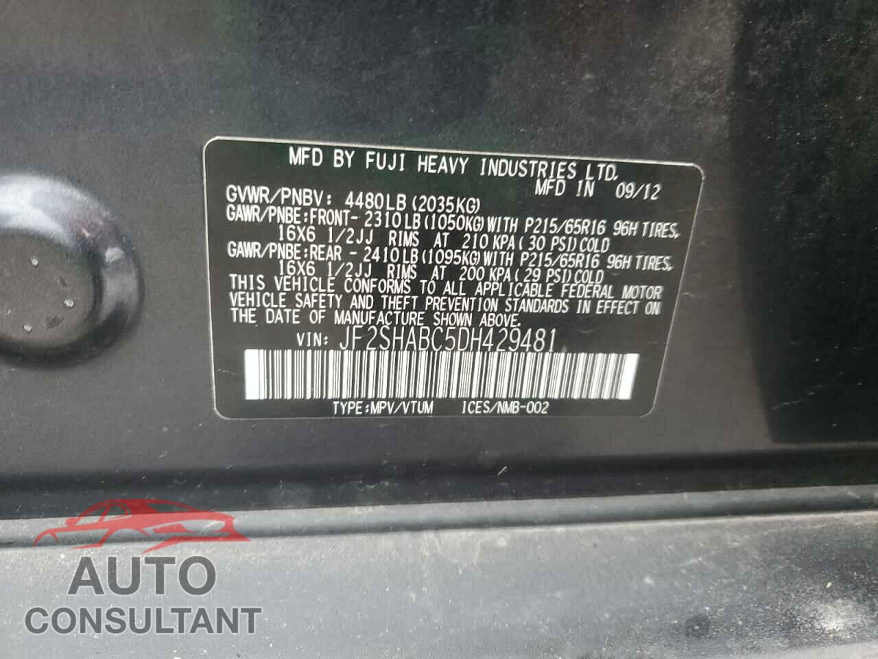 SUBARU FORESTER 2013 - JF2SHABC5DH429481