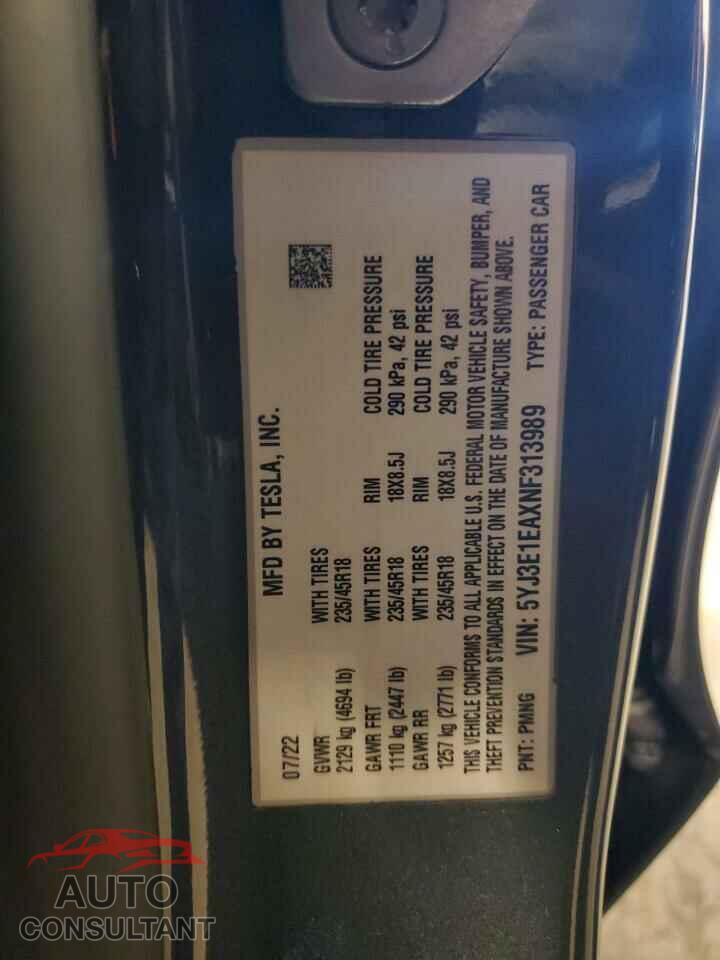 TESLA MODEL 3 2022 - 5YJ3E1EAXNF313989