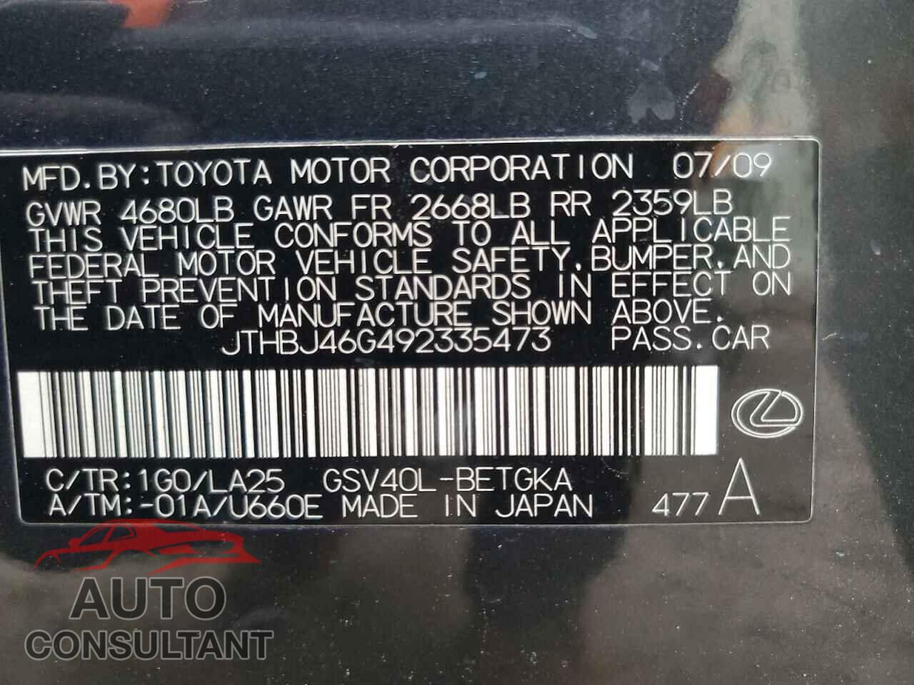 LEXUS ES350 2009 - JTHBJ46G492335473