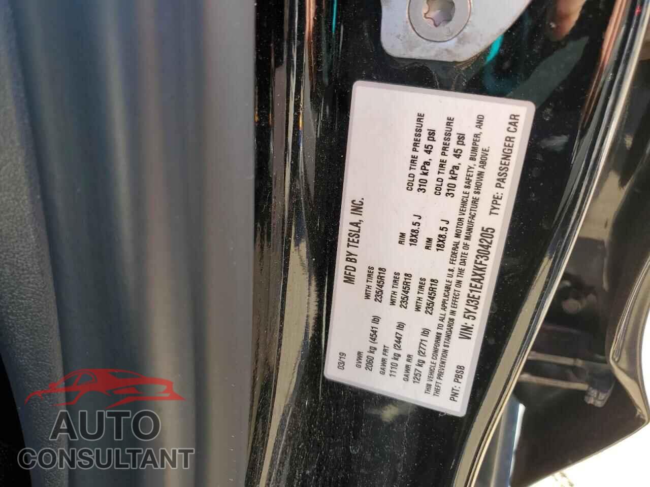TESLA MODEL 3 2019 - 5YJ3E1EAXKF304205