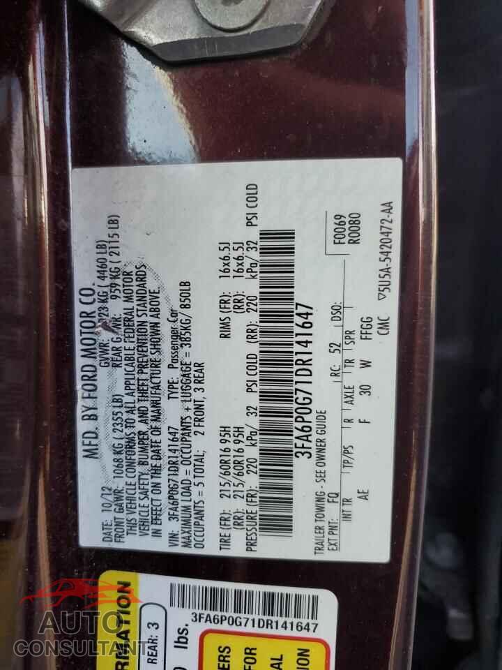 FORD FUSION 2013 - 3FA6P0G71DR141647