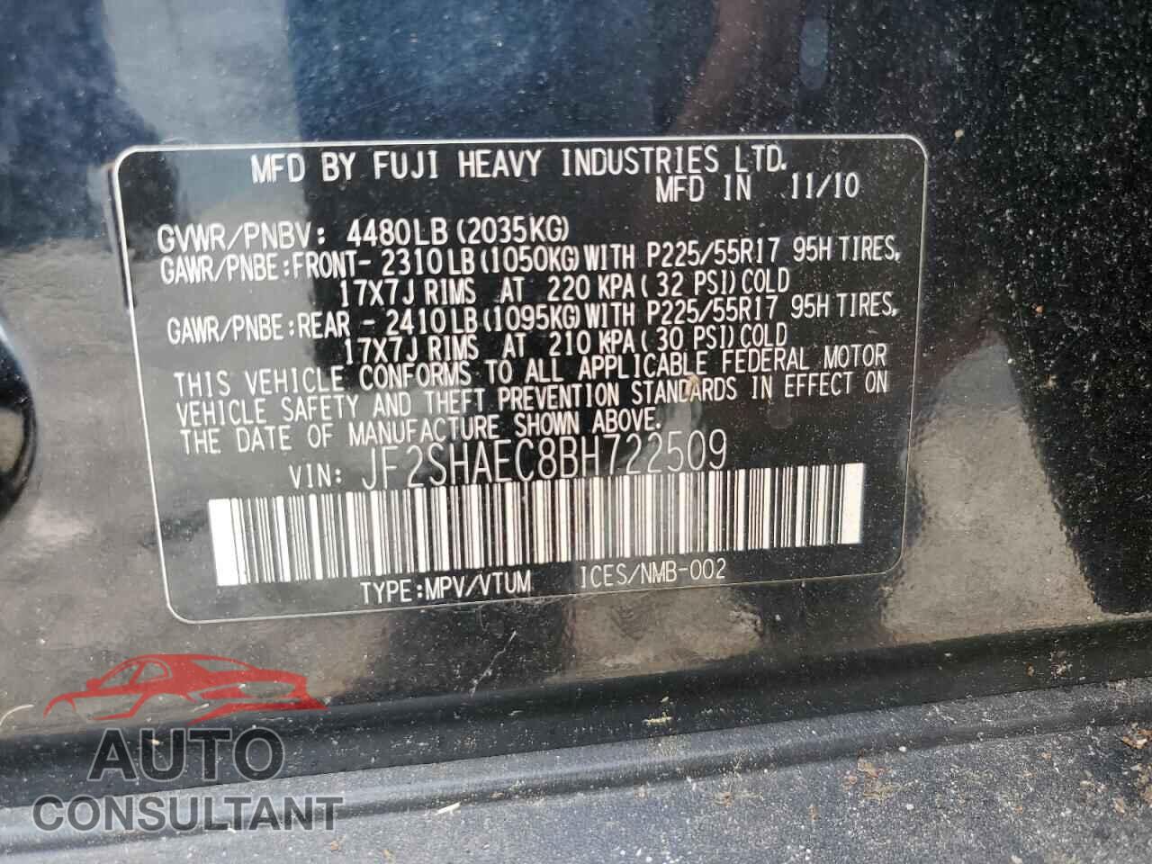 SUBARU FORESTER 2011 - JF2SHAEC8BH722509
