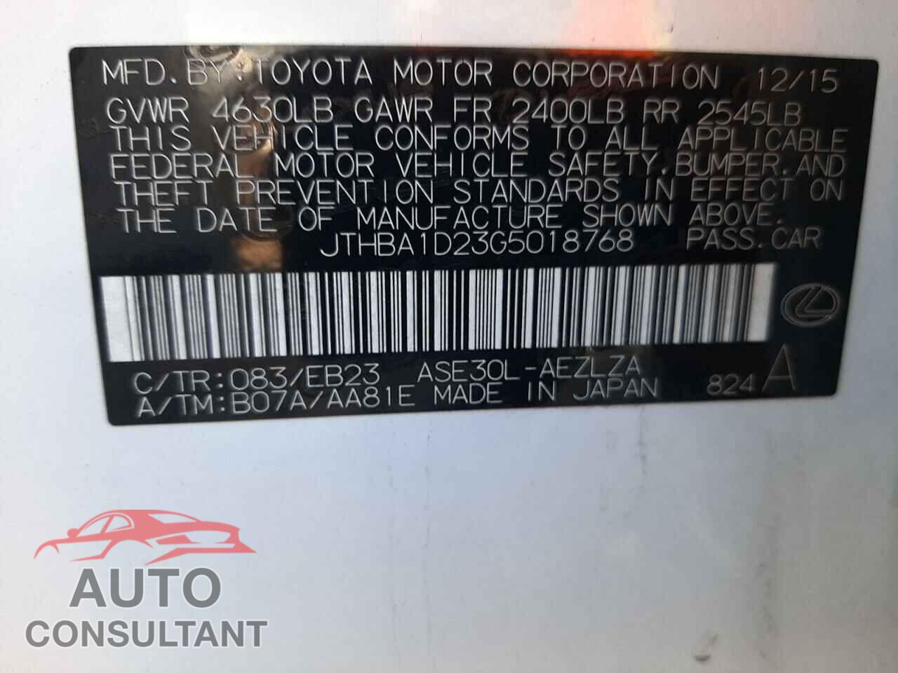 LEXUS IS 2016 - JTHBA1D23G5018768