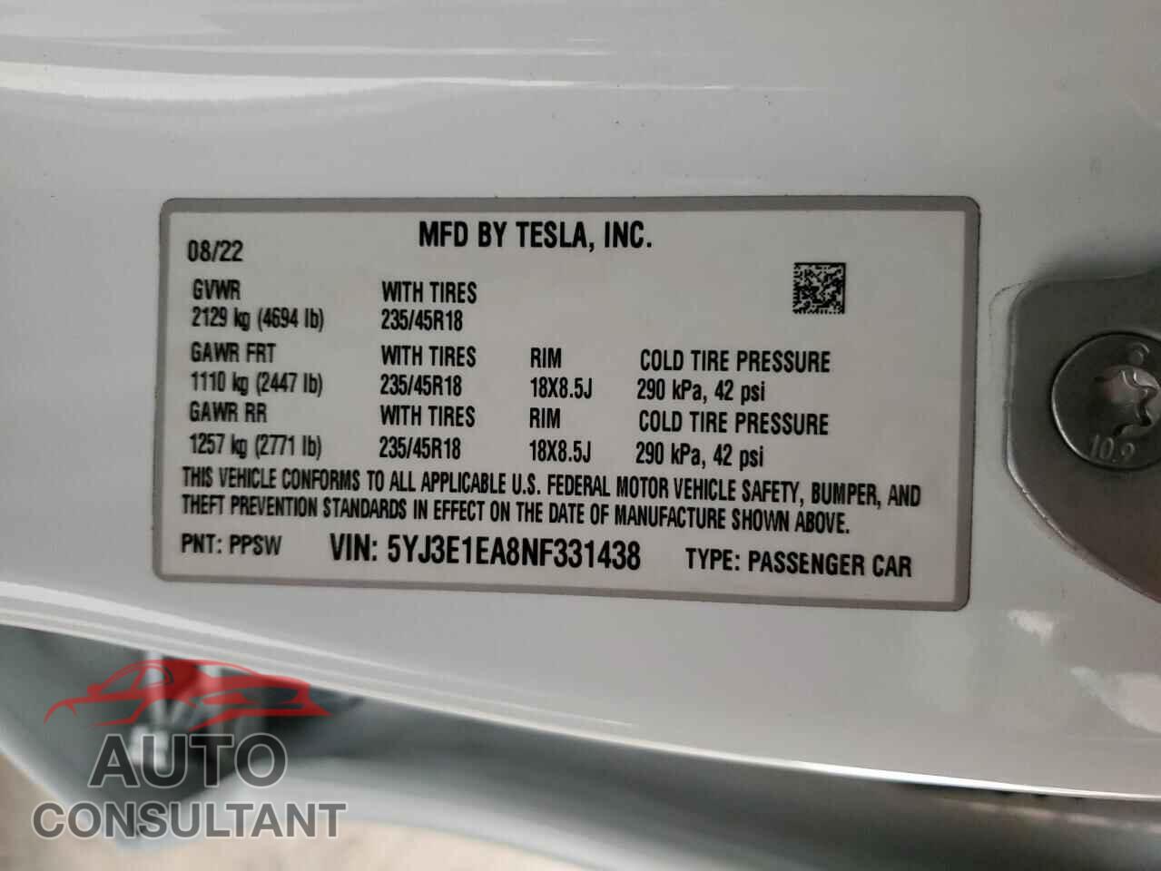 TESLA MODEL 3 2022 - 5YJ3E1EA8NF331438