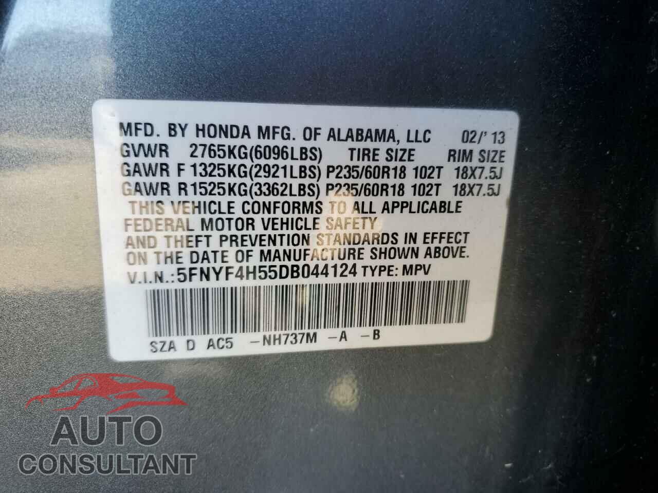HONDA PILOT 2013 - 5FNYF4H55DB044124