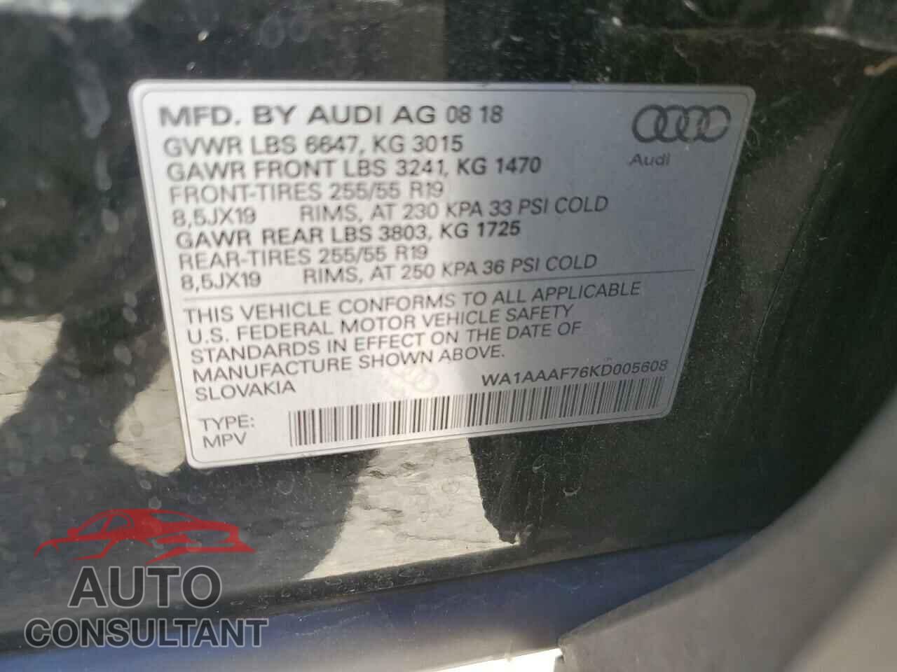 AUDI Q7 2019 - WA1AAAF76KD005608