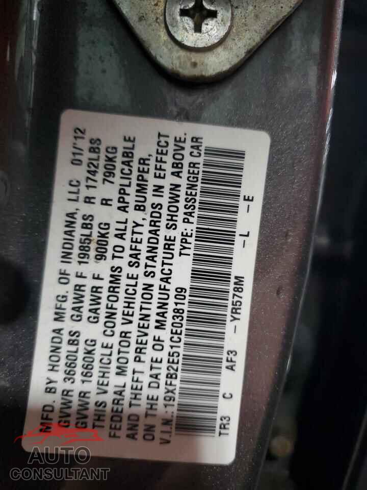 HONDA CIVIC 2012 - 19XFB2E51CE038109