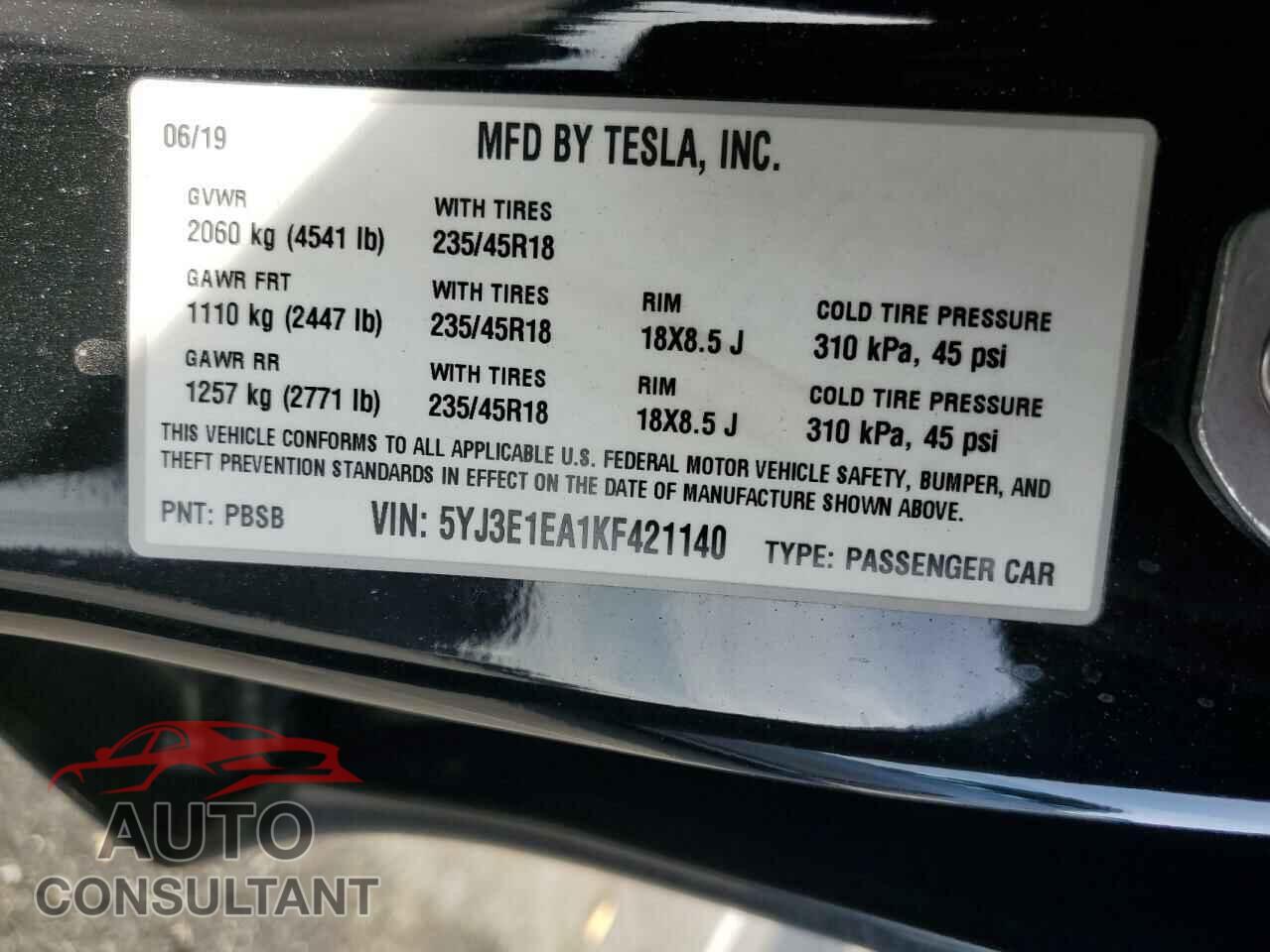 TESLA MODEL 3 2019 - 5YJ3E1EA1KF421140