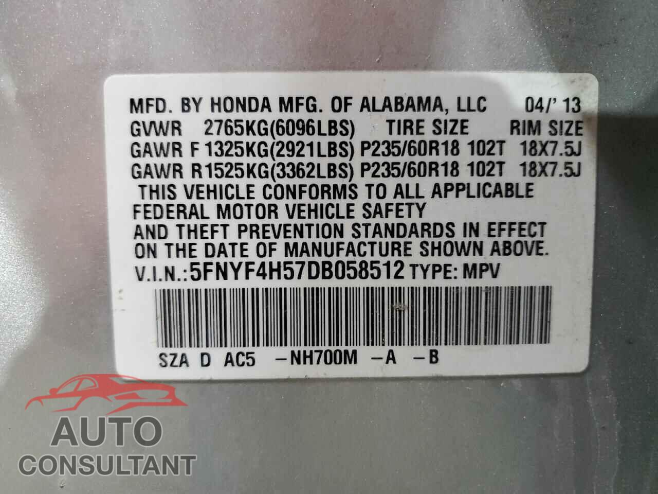 HONDA PILOT 2013 - 5FNYF4H57DB058512