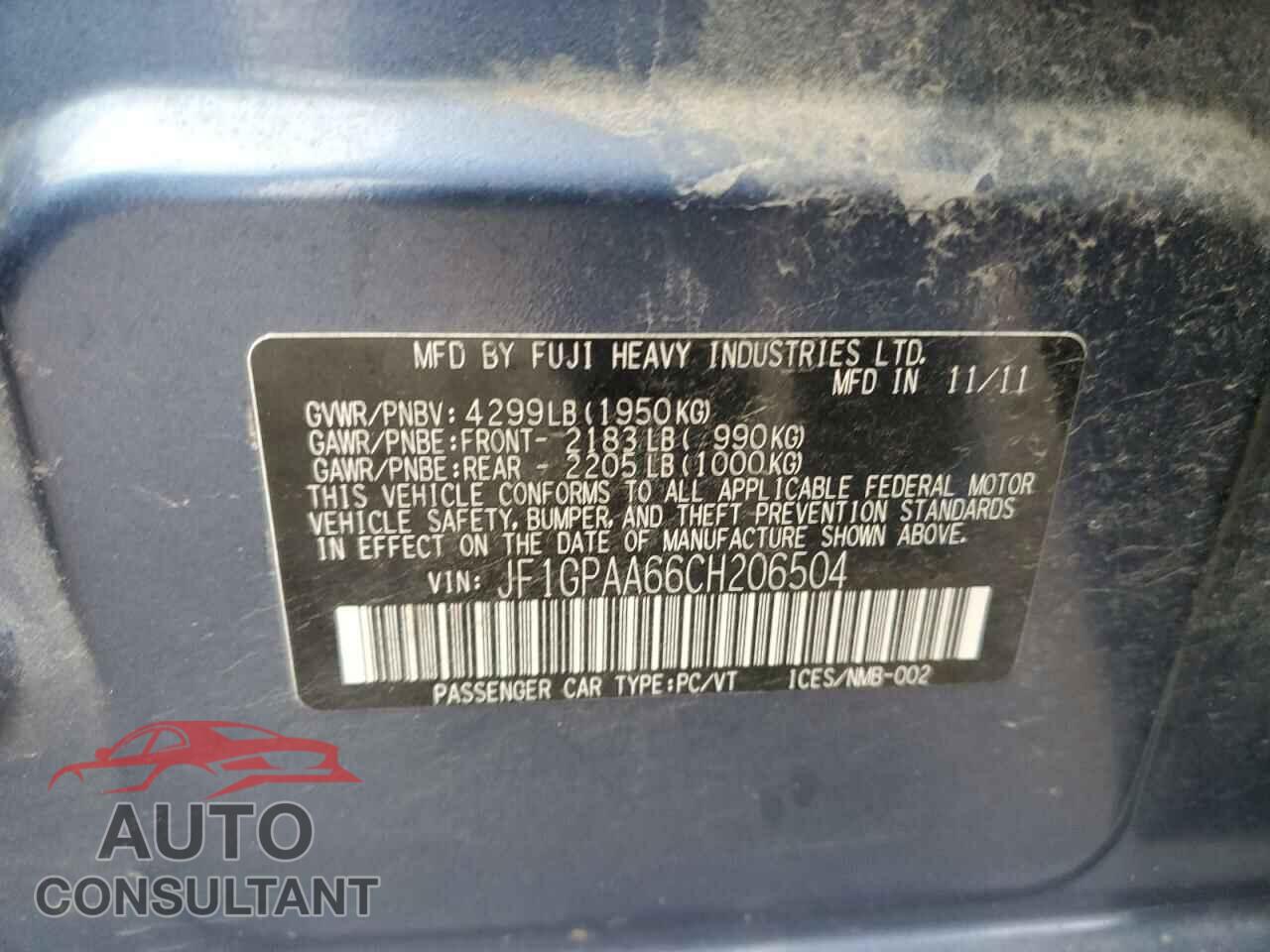 SUBARU IMPREZA 2012 - JF1GPAA66CH206504