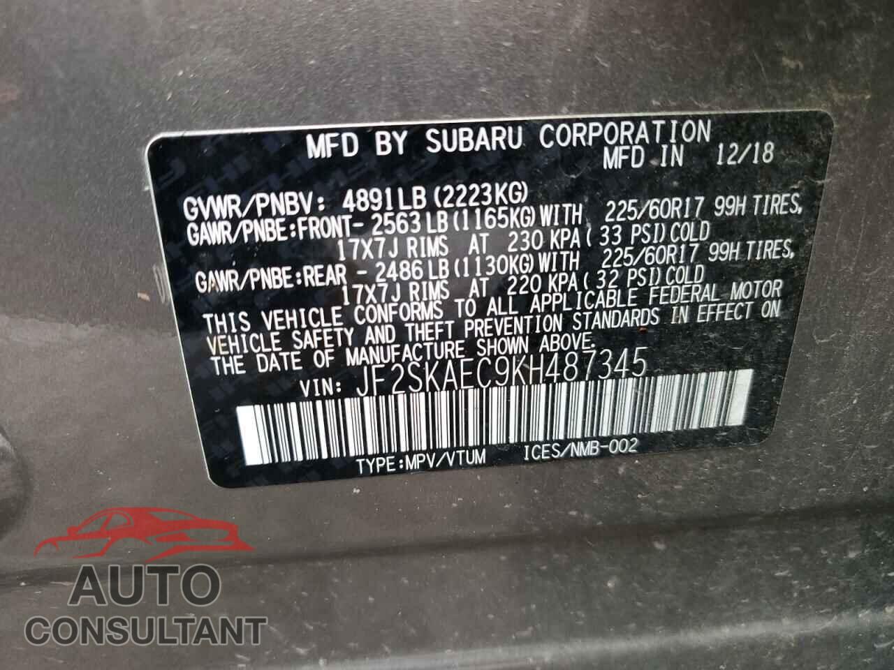 SUBARU FORESTER 2019 - JF2SKAEC9KH487345