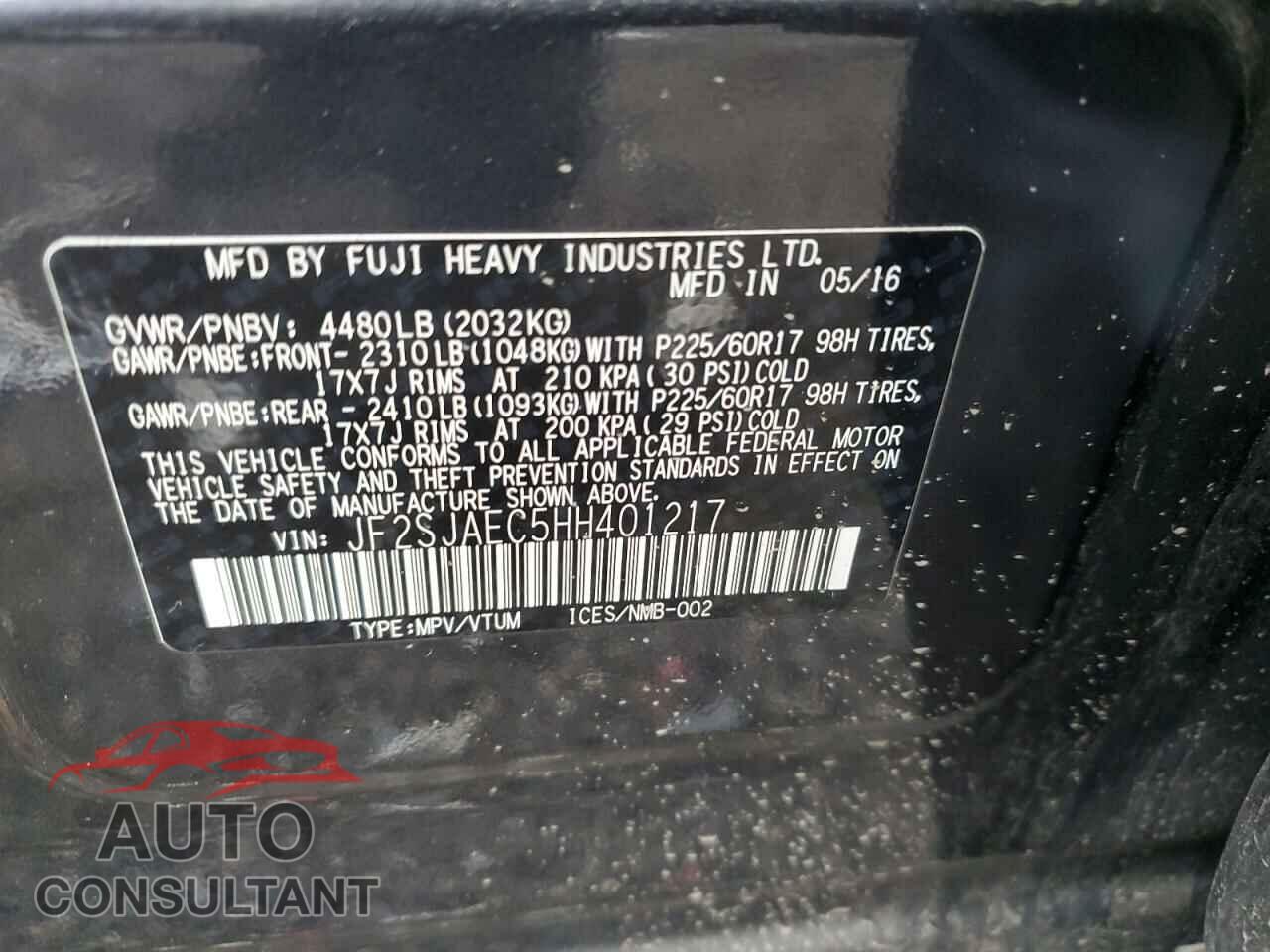 SUBARU FORESTER 2017 - JF2SJAEC5HH401217