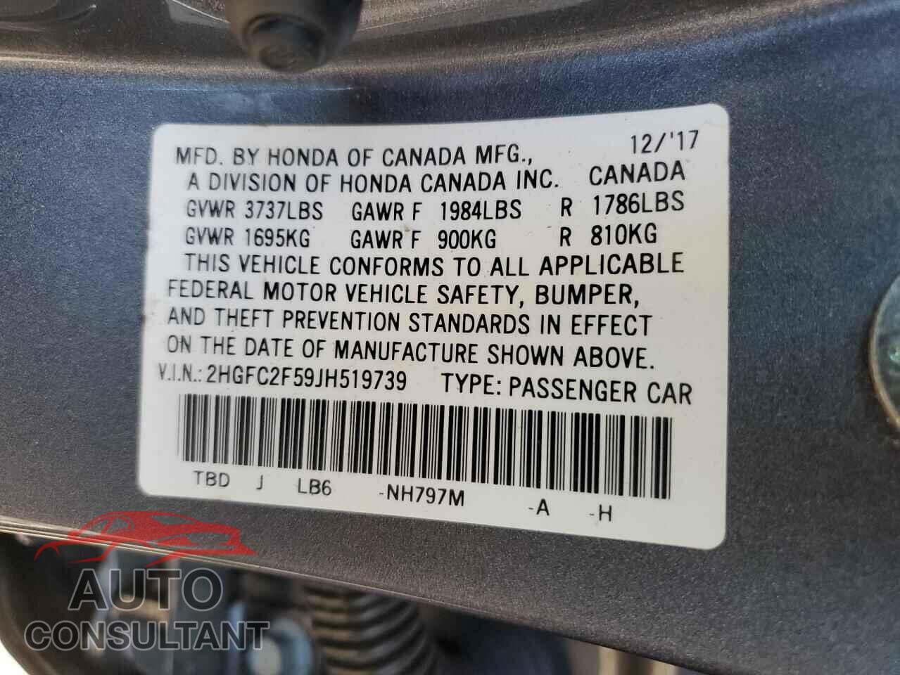 HONDA CIVIC 2018 - 2HGFC2F59JH519739