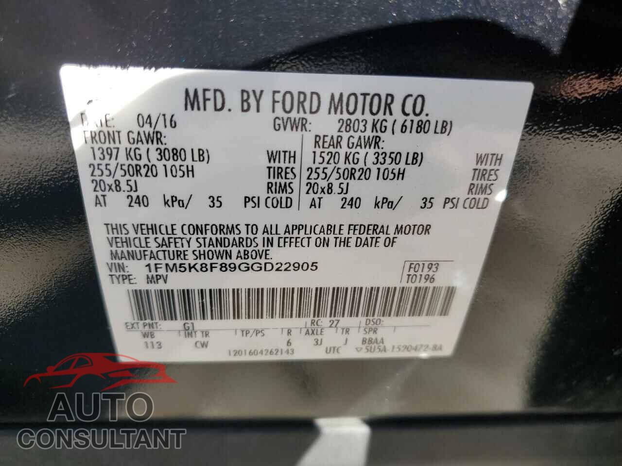 FORD EXPLORER 2016 - 1FM5K8F89GGD22905