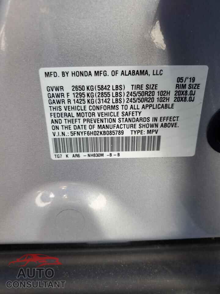 HONDA PILOT 2019 - 5FNYF6H02KB085789