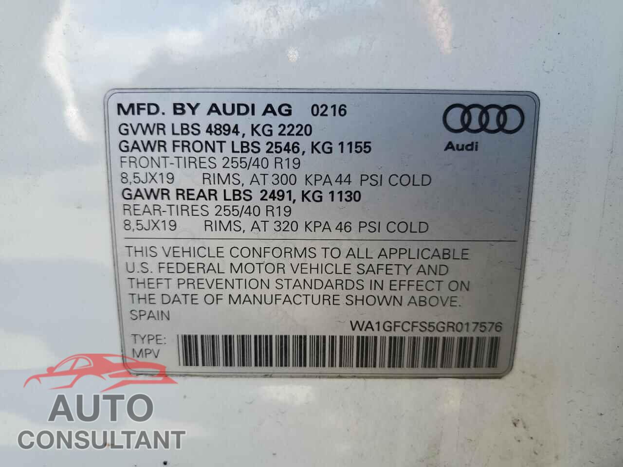 AUDI Q3 2016 - WA1GFCFS5GR017576