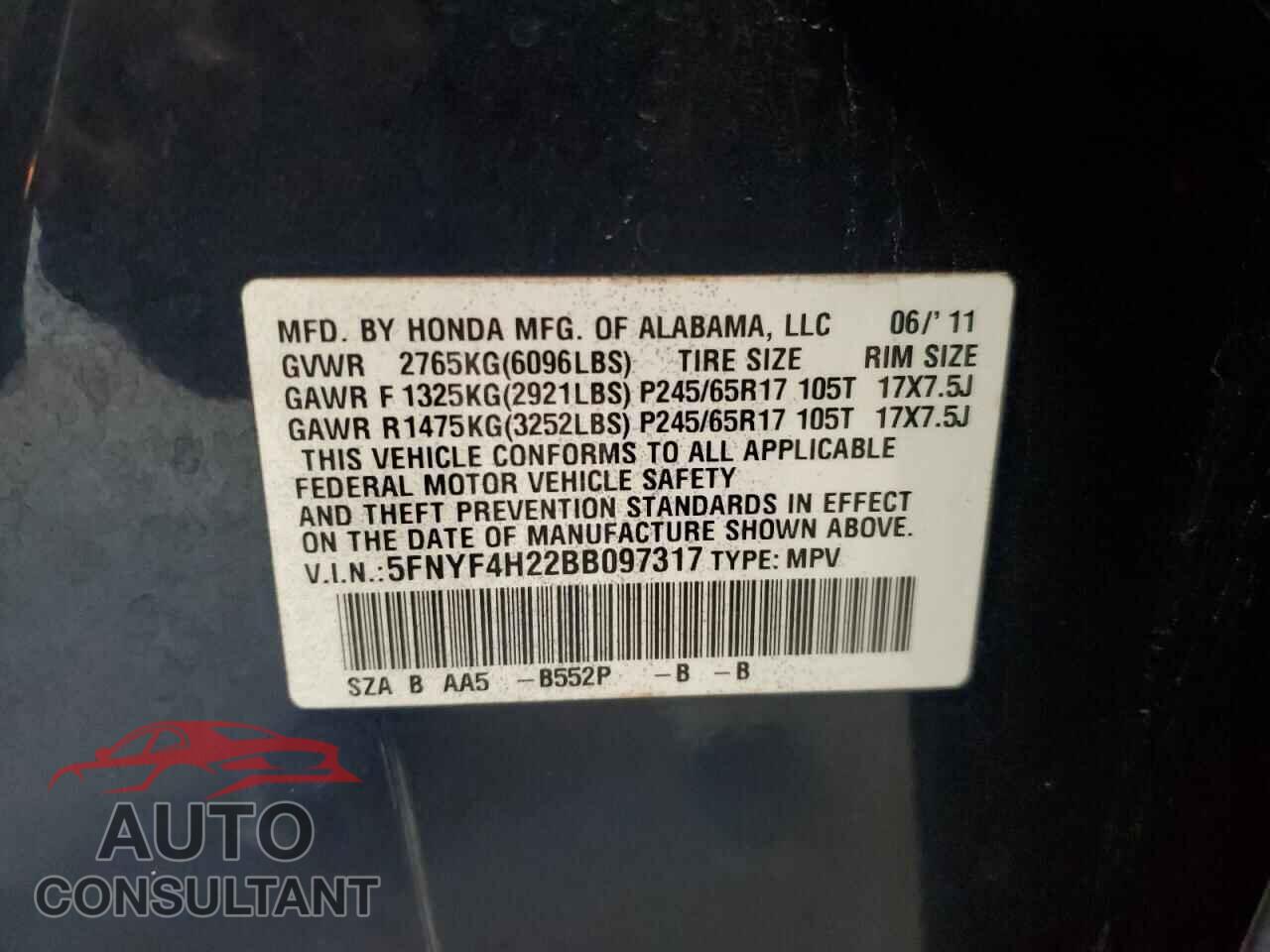 HONDA PILOT 2011 - 5FNYF4H22BB097317