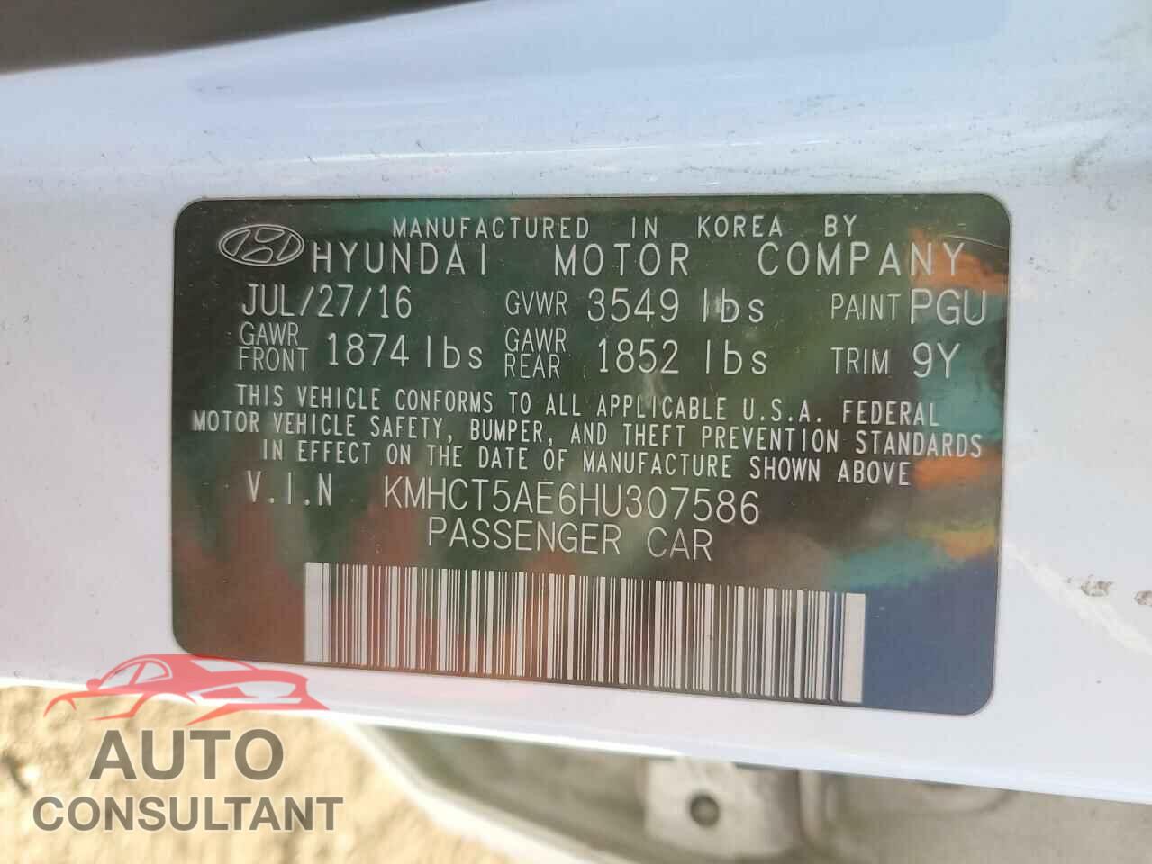 HYUNDAI ACCENT 2017 - KMHCT5AE6HU307586
