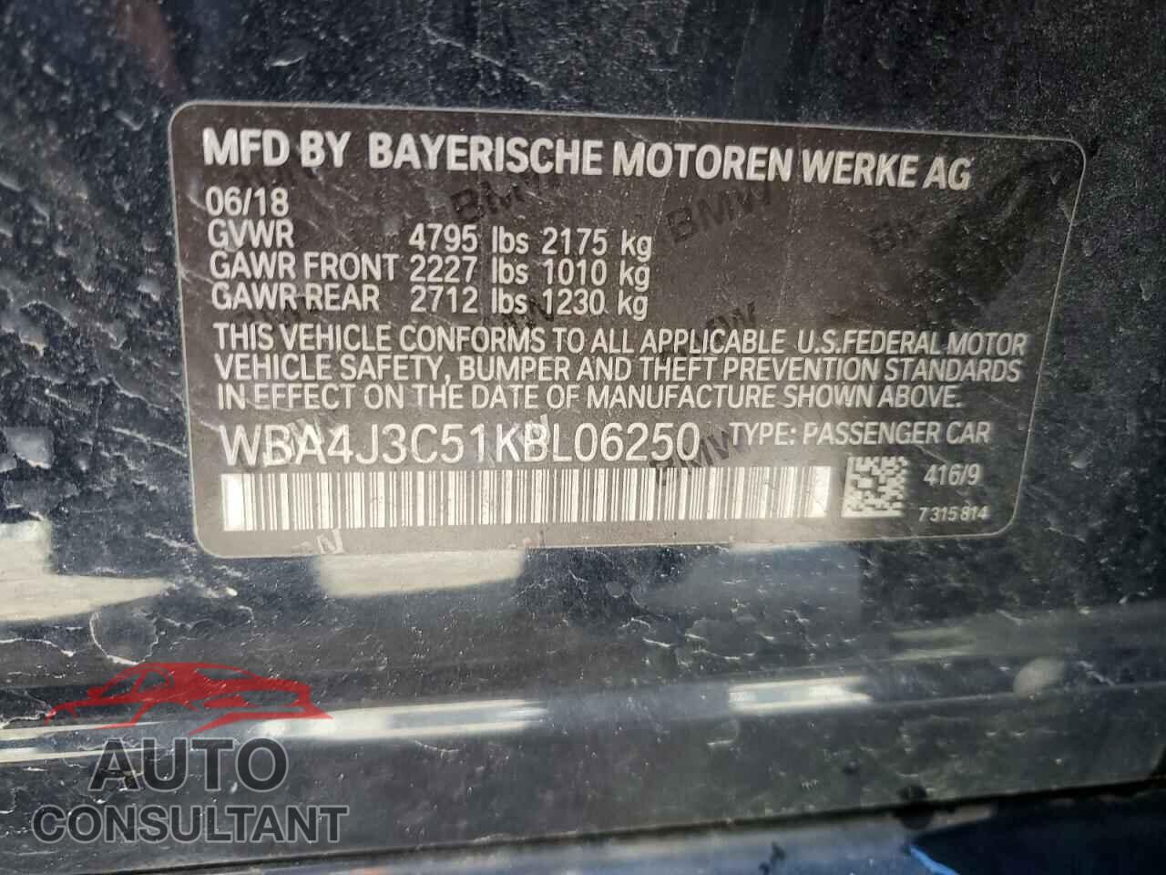 BMW 4 SERIES 2019 - WBA4J3C51KBL06250