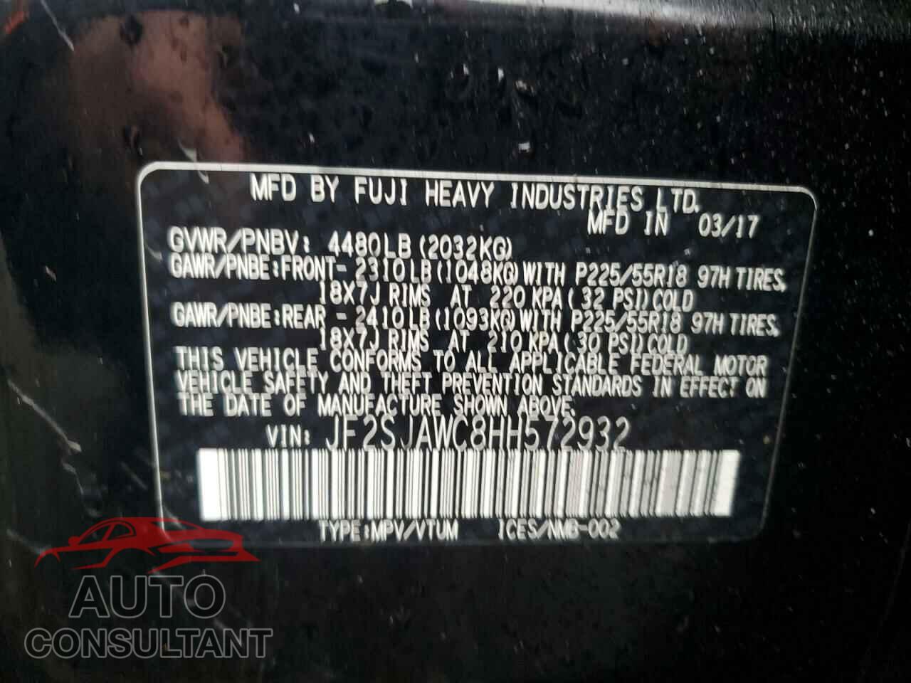 SUBARU FORESTER 2017 - JF2SJAWC8HH572932