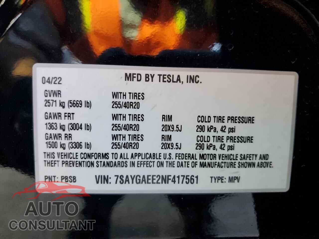 TESLA MODEL Y 2022 - 7SAYGAEE2NF417561